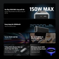 Pin dự phòng Cuktech 15 Power Bank 20.000mAh 150W PD3.1/PPS5A/QC/Mi Turbro 120W - PB200P