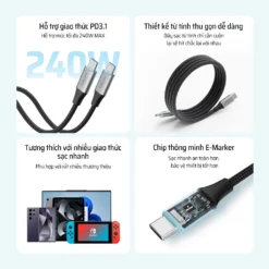 Cáp dù Cuktech C to C 6A 240W hít từ tính PD3.1/Mi Turbro - CMC610