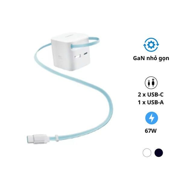Củ sạc nhanh mini CUKTECH AD653W có cáp thu gọn 67W