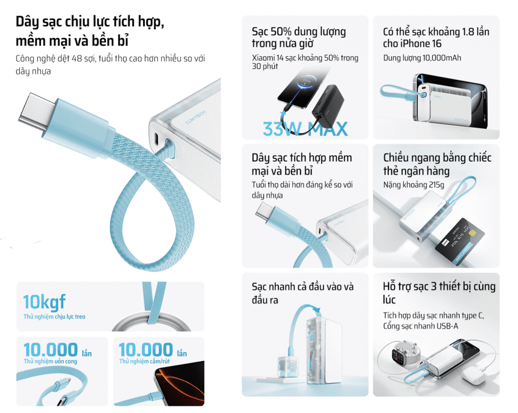 Pin sạc dự phòng 10000mAh Cuktech LPB100 Sạc Nhanh 33W PD, Tích Hợp Cáp Type-C, Hỗ Trợ Mi Turbo Charge