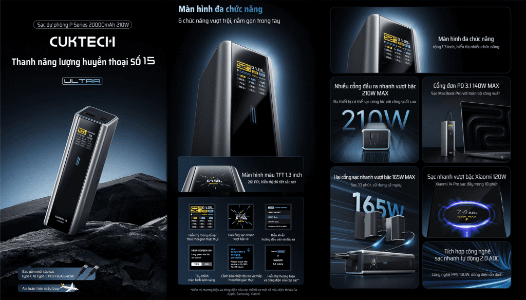 Sạc Dự Phòng 20000mAh 210W CUKTECH PB200U màn hình led, 2C1A