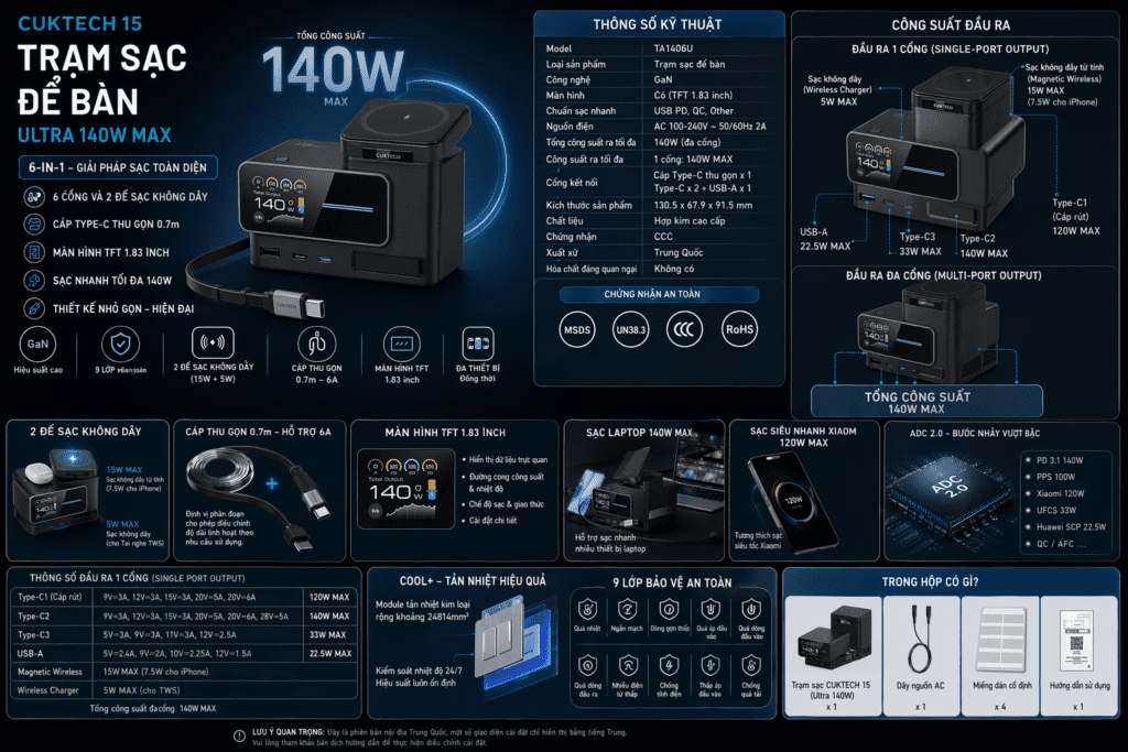 Trạm sạc để bàn Cuktech 15 TA1406U GaN 140W màu đen, có màn hình TFT và cáp Type-C thu vào được