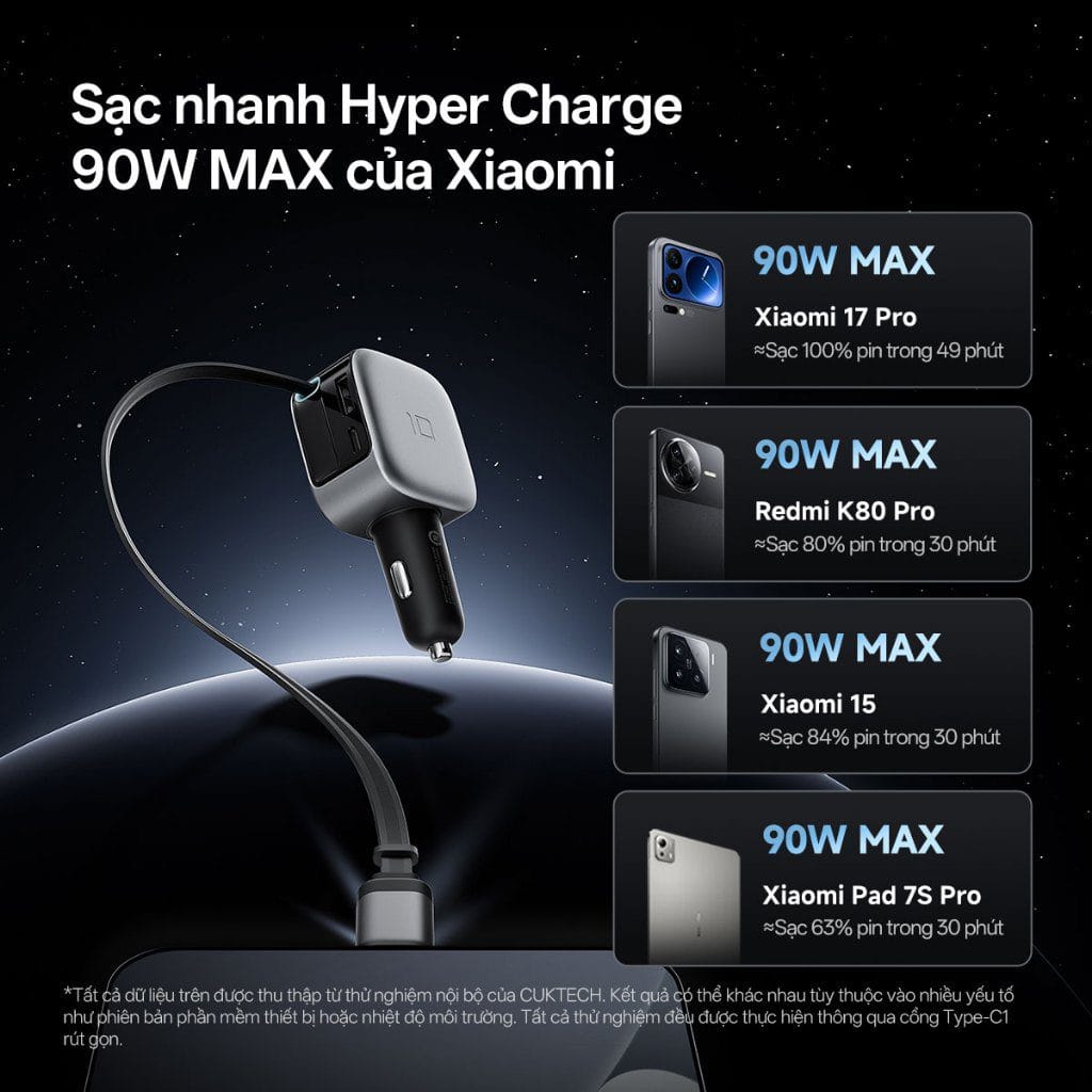 Tẩu sạc nhanh ô tô 3 cổng Cuktech CC903P 100W – Tích hợp cáp rút TPE 70cm