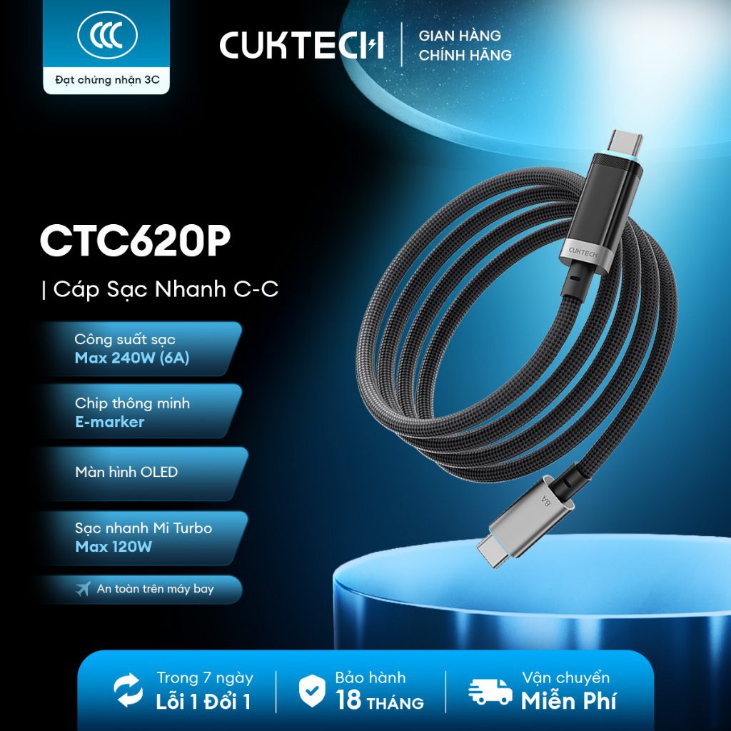 Cáp sạc nhanh 2m Cuktech CTC620P 240W
